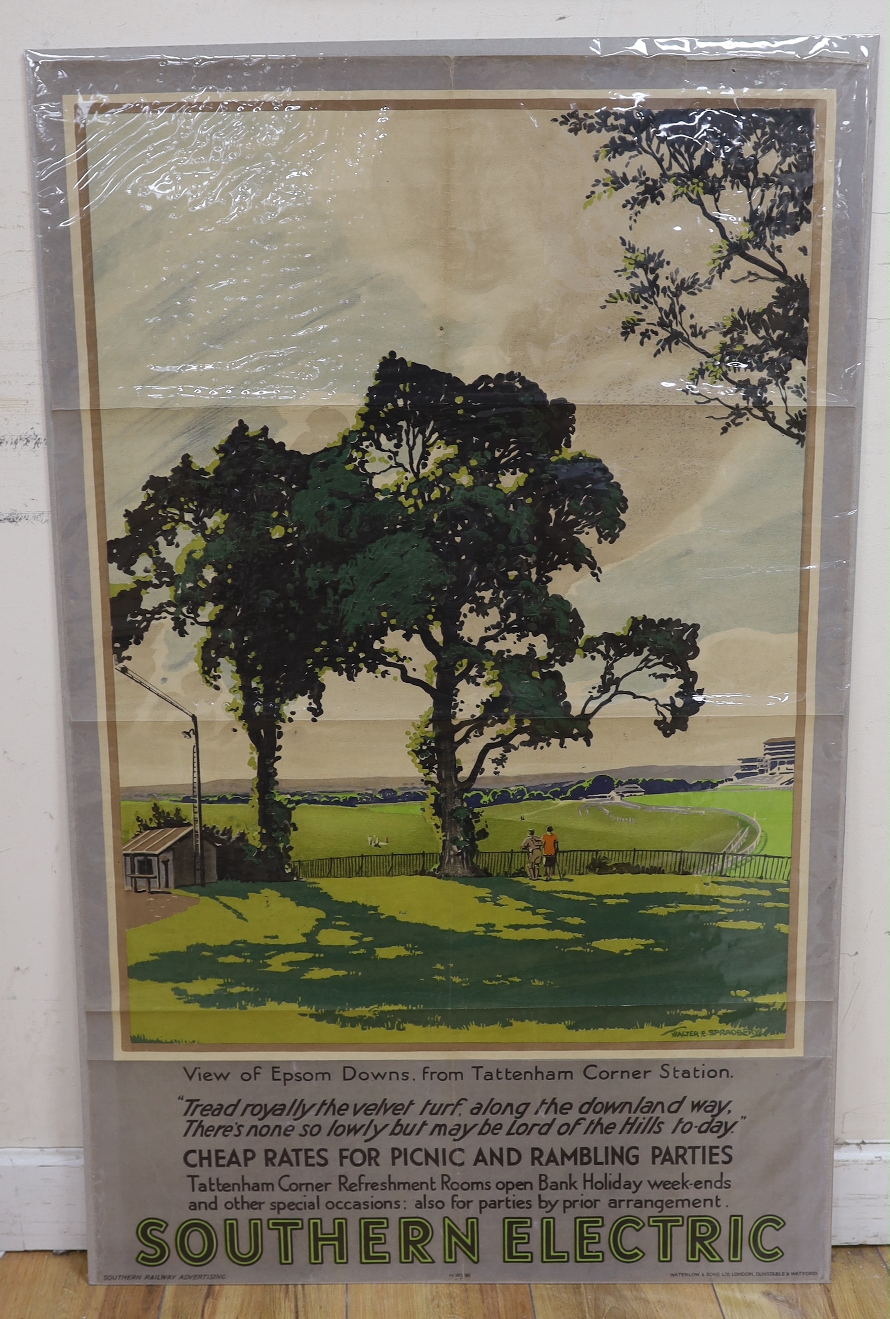 Walter Ernest Spradbery (1889-1969), lithographic poster for Southern Electric Railway 'View of Epsom Downs, from Tuttenham Corner Station .. Cheap rates for picnic and rambling parties', 1932, 101.5 x 63cm, unframed